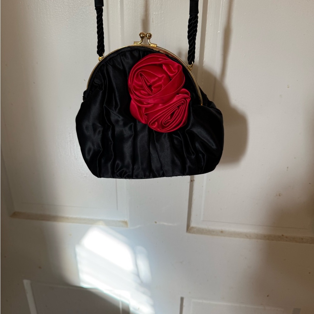Liz Claiborne Black Satin Clutch with Red Rose Accent strap